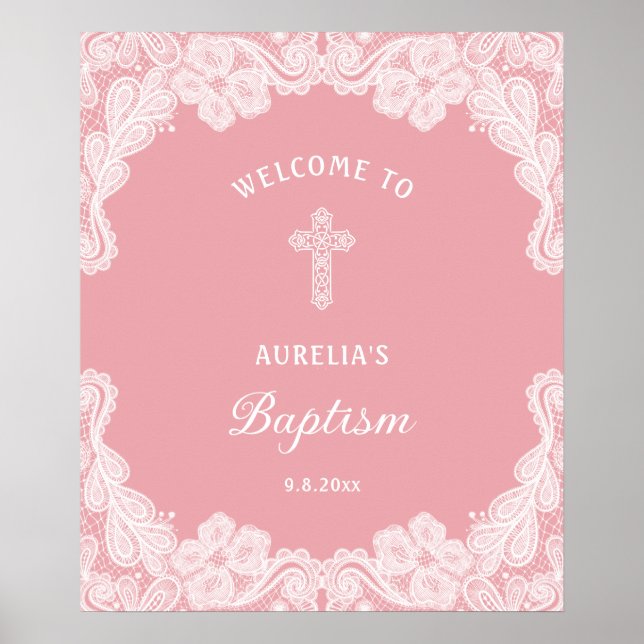 Vita Snöre på Rosa Baptism Välkommen Poster (Framsidan)