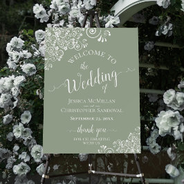 Vita Snöre på Sage Grönt Elegant bröllop Välkommen