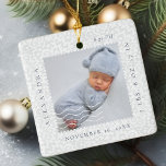 Vita Snöre Postage Frimärke Photo Ram Birth Julgransprydnad Keramik<br><div class="desc">Minimal och elegant enkel baby-foto och födelsestatistik bevarar fotoornament. Utformningen har en elegant som är faux white snöre-bakgrund. En enkel minimal design med en ram-design för portionsstadiet som visningar ditt speciella baby-foto. Baby Namn, datum, tid och födelsestatus visas i en enkel modern design runt bilden. Framsida och baksida har samma...</div>