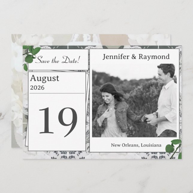 Vita Snöre & Ro Löv sparar datumkortet Spara Datumet (Fram/baksida)