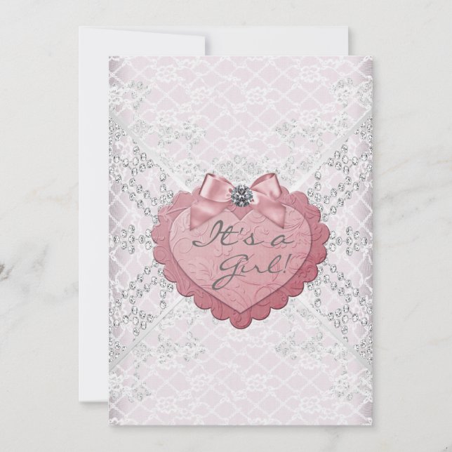 Vita Snöre Rosa Heart Rosa White Flicka Shower Inbjudningar (Framsida)