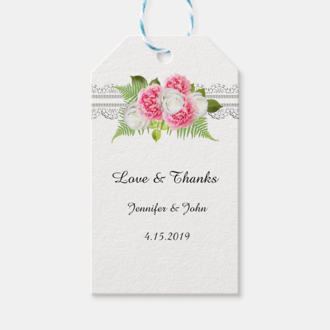Vita Snöre Rosa Peonies Favor Gift Märkre Presentetikett (Framsidan)
