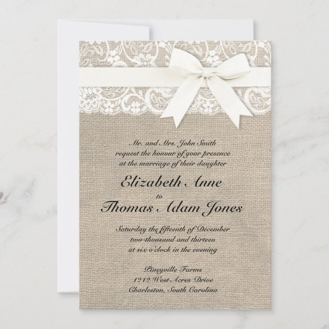 Vita Snöre-utseendet Rustic Burlap Wedding-inbjuda Inbjudningar (Framsida)