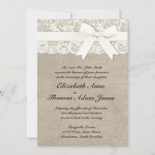 Vita Snöre-utseendet Rustic Burlap Wedding-inbjuda Inbjudningar