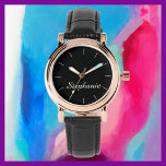 Vita Snyggten Namn Glam Ro Guld Black Band Wrist W Armbandsur<br><div class="desc">Den här snyggten glam ro guld handklocka dekoreras med svart bakgrund, svart band och personlig med ditt namn. Du kan enkelt ändra namn och ta bort de vita skalmarkeringarna om du vill. Vilken underbar modern gåva till henne - en brudtärna, maid of honor, studenten, mors dag, födelsedag eller andra speciella...</div>