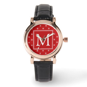 Vita stjärnmönster på ljust rött monogram armbandsur