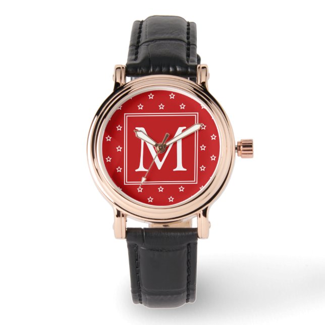 Vita stjärnmönster på ljust rött monogram armbandsur (Framsida)