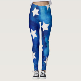 Vita stjärnor på blå vattenfärg leggings