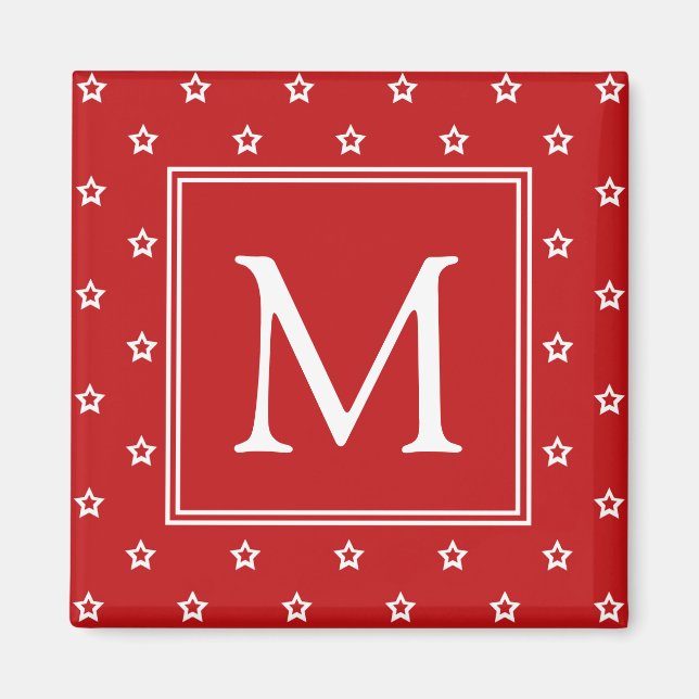 Vita stjärnor på Bright Red Monogram Magnet (Framsidan)