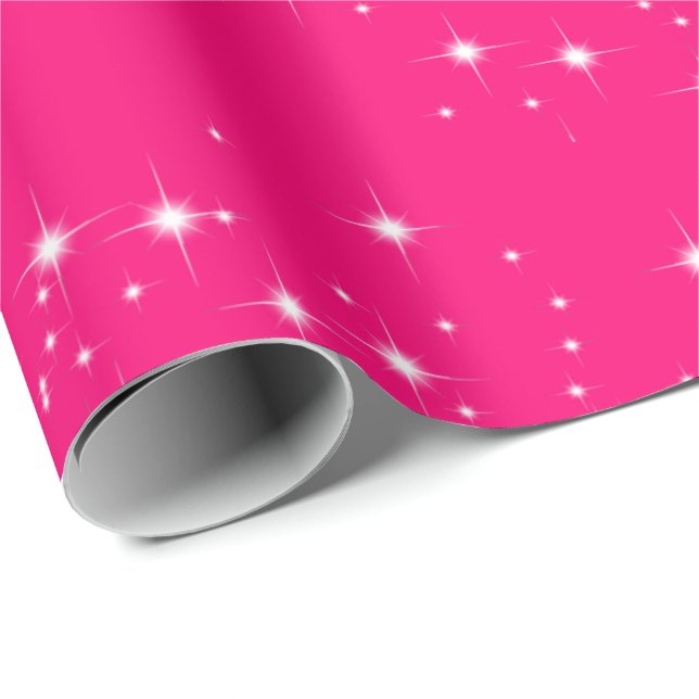 Vita stjärnor på Shock rosa Papper Presentpapper (Rullad Hörn)