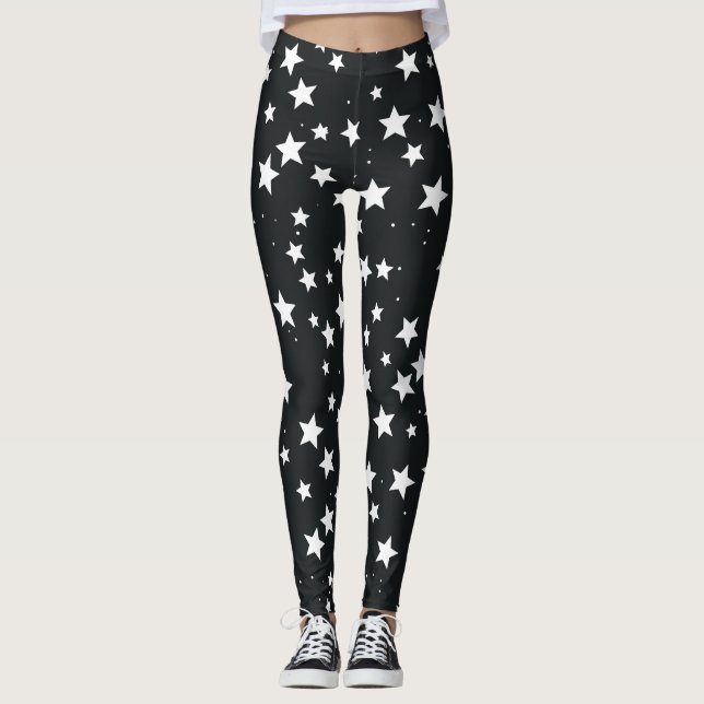 Vita stjärnor på svart bakgrund leggings (Framsida)