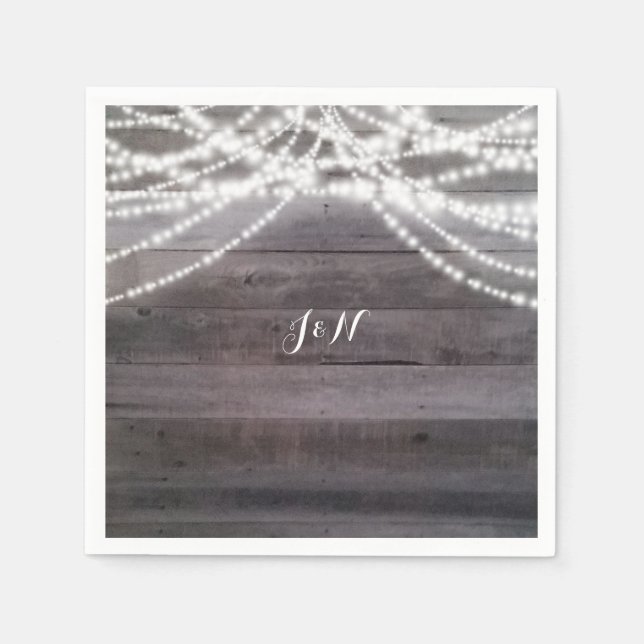 Vita strängljus & Rustik Trä Bröllop Pappersservett (Framsidan)