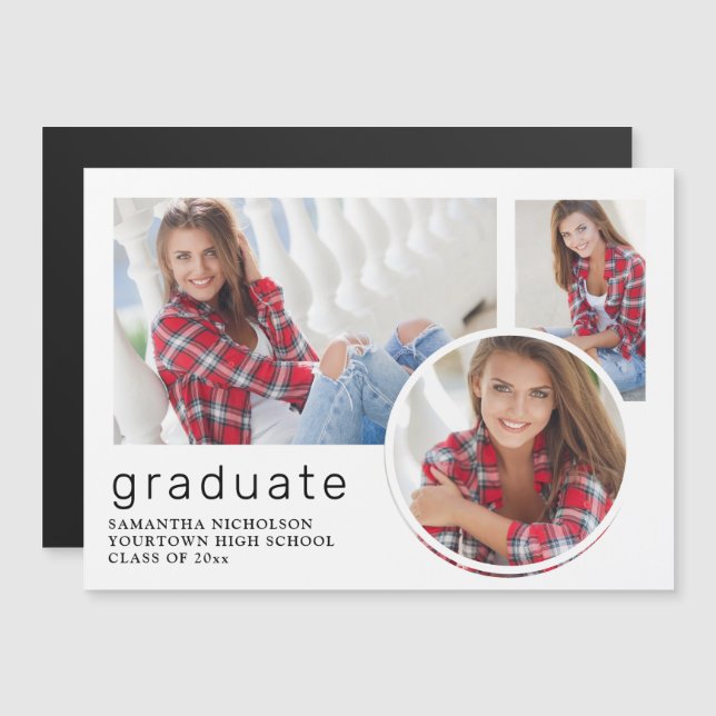 Vita Studenten 3-fotokollage-meddelande Magnetisk Inbjudningskort (Fram/baksida)