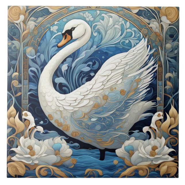 Vita Svan Art nouveau fågelart Deco Blue Kakelplatta (Framsidan)