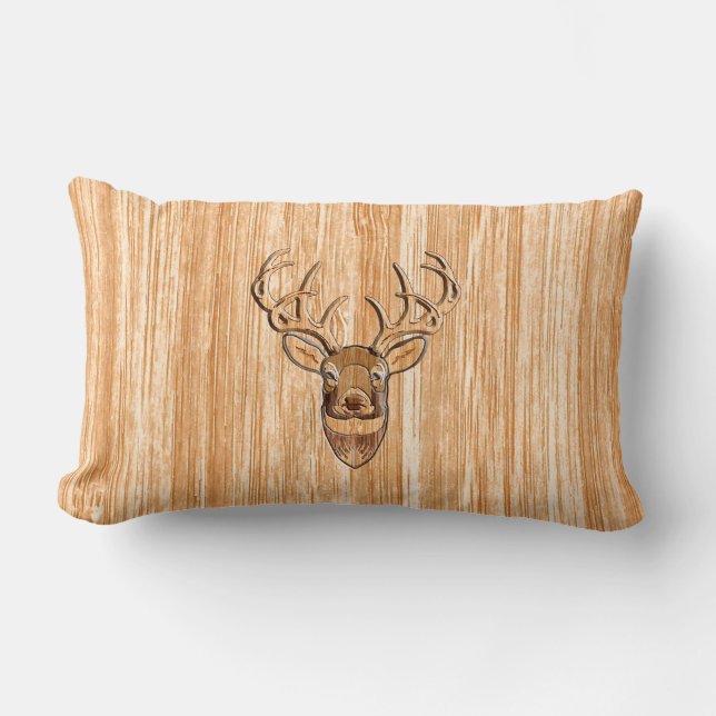 Vita Svan Buck Hjort Head Wood Grain Stil Lumbarkudde (Framsida)