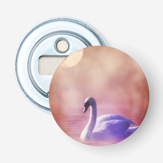 Vita Svan flytande på en mistaktig sjö Flasköppnare (Framsidan)