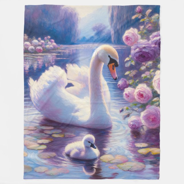 Vita Svan och Cygnet med Lila Ro Fleecefilt (Framsidan)