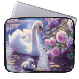 Vita Svan och Cygnet med Lila Ro Laptop Fodral