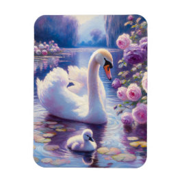 Vita Svan och Cygnet med Lila Ro Magnet