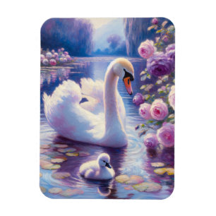 Vita Svan och Cygnet med Lila Ro Magnet