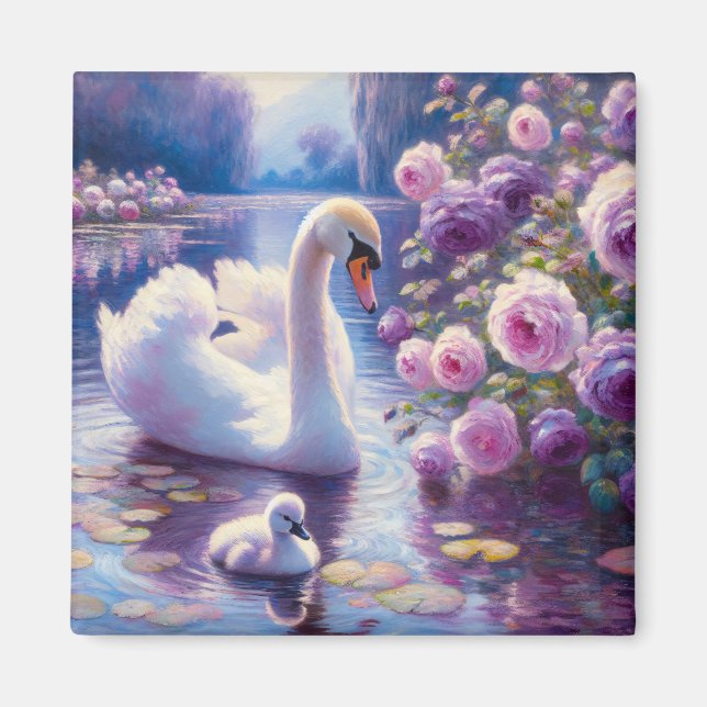 Vita Svan och Cygnet med Lila Ro Magnet (Framsidan)