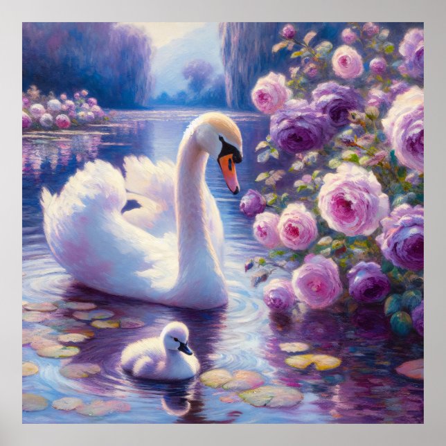 Vita Svan och Cygnet med Lila Ro Poster (Framsidan)