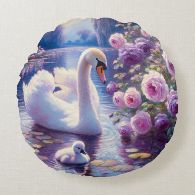 Vita Svan och Cygnet med Lila Ro Rund Kudde (Framsidan)