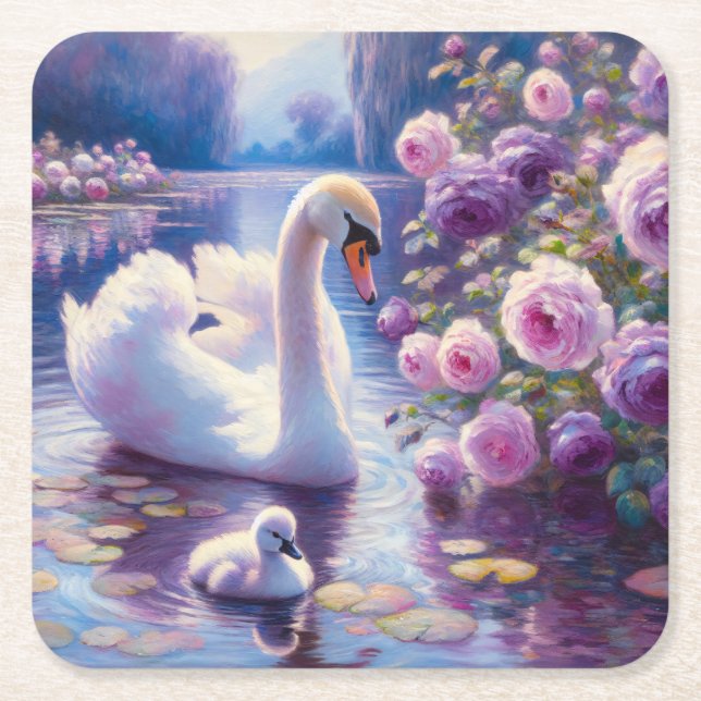 Vita Svan och Cygnet med Lila Ro Underlägg Papper Kvadrat (Framsidan)