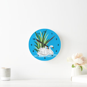 Vita Svan på Vatten-klockor Rund Klocka