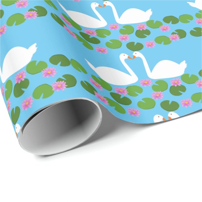 Vita Svanar och Vatten lever Bröllop, mönstrad Presentpapper (Rullad Hörn)
