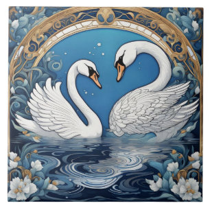 Vita Svanar på Sjö Art nouveau fågelart Deco Blue Kakelplatta