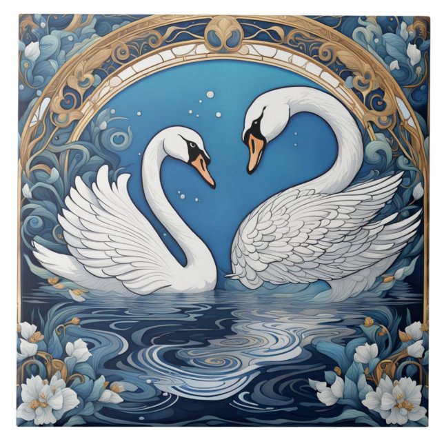 Vita Svanar på Sjö Art nouveau fågelart Deco Blue Kakelplatta (Framsidan)