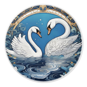 Vita Svanar på Sjö Art nouveau fågelart Deco Blue Knopp