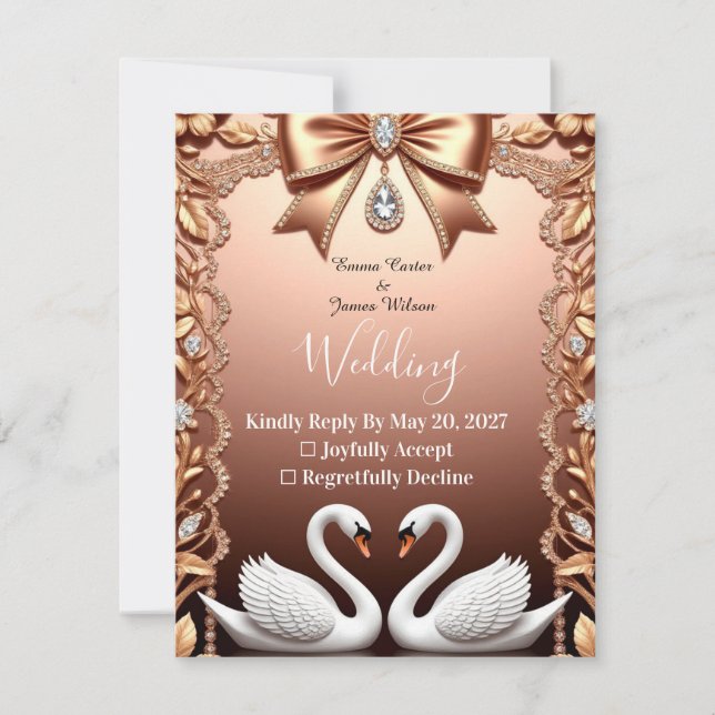 🌸 Vita svanar Rose Gold Bröllop OSA Kort (Framsida)