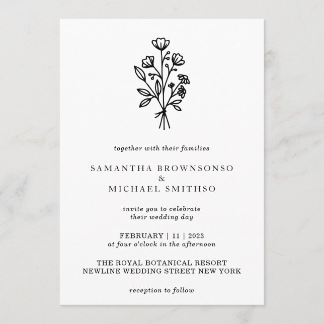 Vita svarta bokstäver blommig bukett botanik inbjudningar (Framsida)