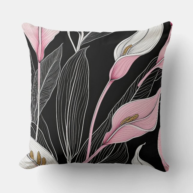 Vita, svarta och Rosa Lilies Kudde (Framsida)