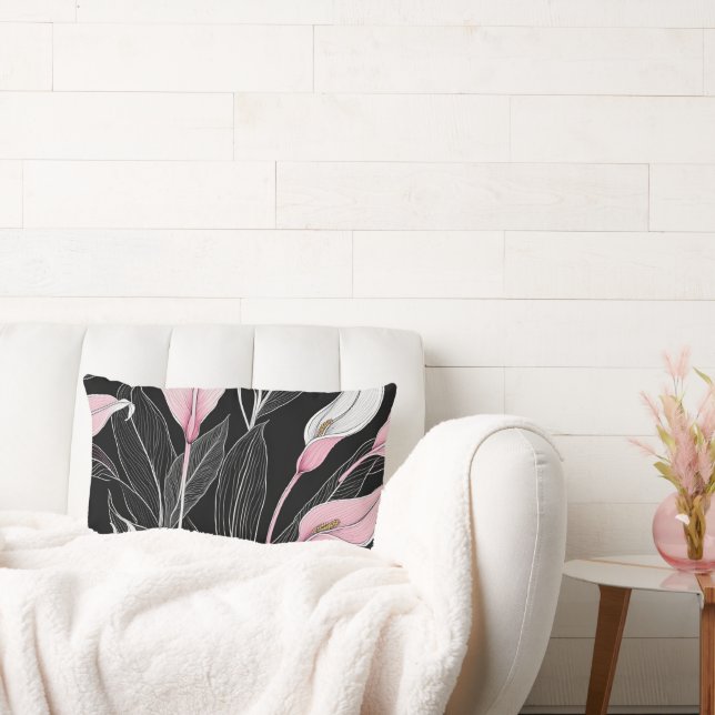 Vita, svarta och Rosa Lilies Lumbarkudde (Soffa)