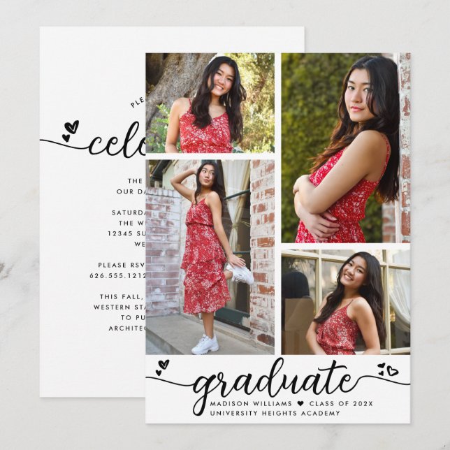 Vita svarta Studenten 4 Fotokalligrafthjärnar Inbjudningar (Fram/baksida)