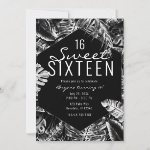 Vita & Svarta Tropiska Palmblad Sweet 16 Inbjudningar