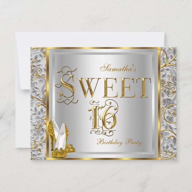 Vita Sweet sixteen guld 16 Party Inbjudningar (Framsida)