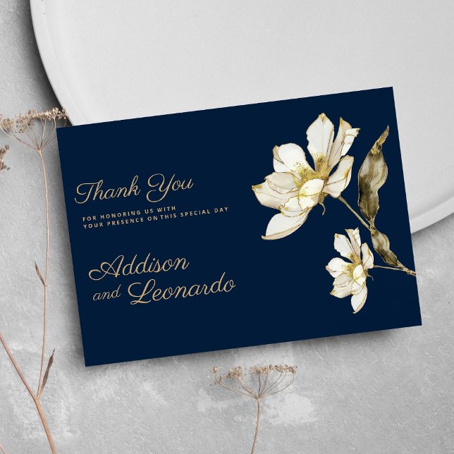 Vita Tacken av lyxmarin blå guld Inbjudningar (Luxury navy blue gold white flower Thank You )
