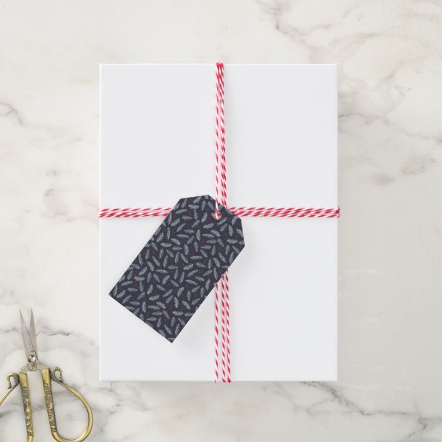 Vita tallgrenar Fjädrar Juliträbär Jul Presentetikett (Med Snöre)