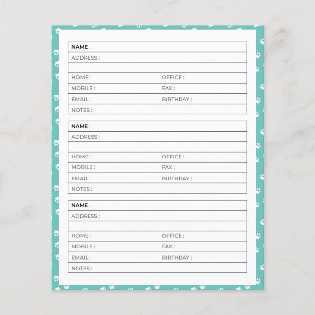 Vita tassavtryck adressbokssidor (Framsida)