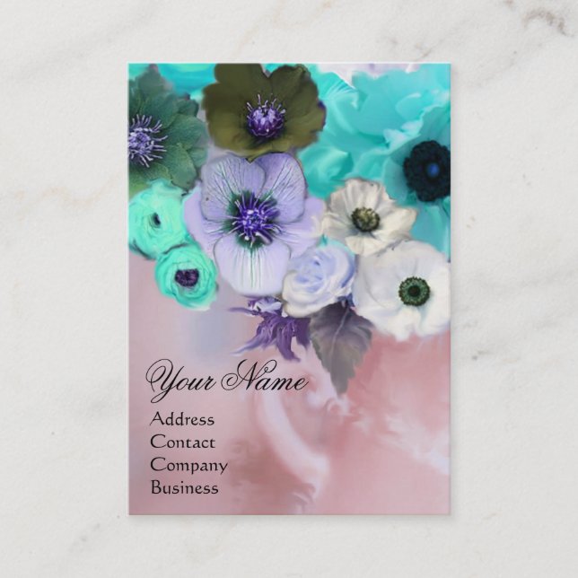 VITA TEAL BLÅ ROSOR OCH ANEMONE BLOMMOR MONOGRAM VISITKORT (Framsida)