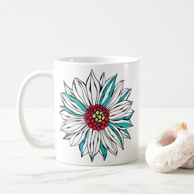 Vita Teal Gult Orange Röda Daisy Blommor Kaffemugg (Med munk)