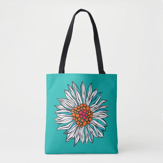 Vita Teal Gult Orange Röda Daisy Blommor Tygkasse (Framsida)