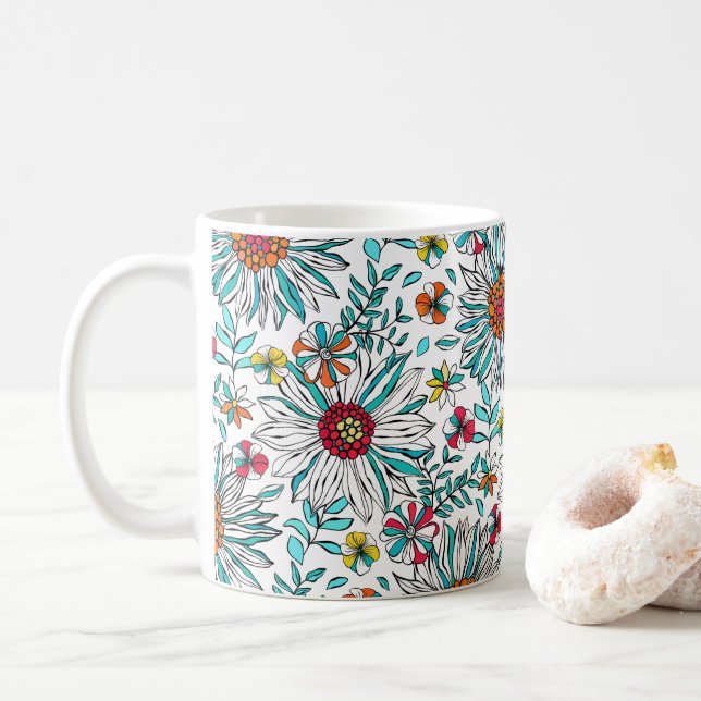 Vita Teal Gult Orange Röda Daisyn Flowers Mönster Kaffemugg (Med munk)