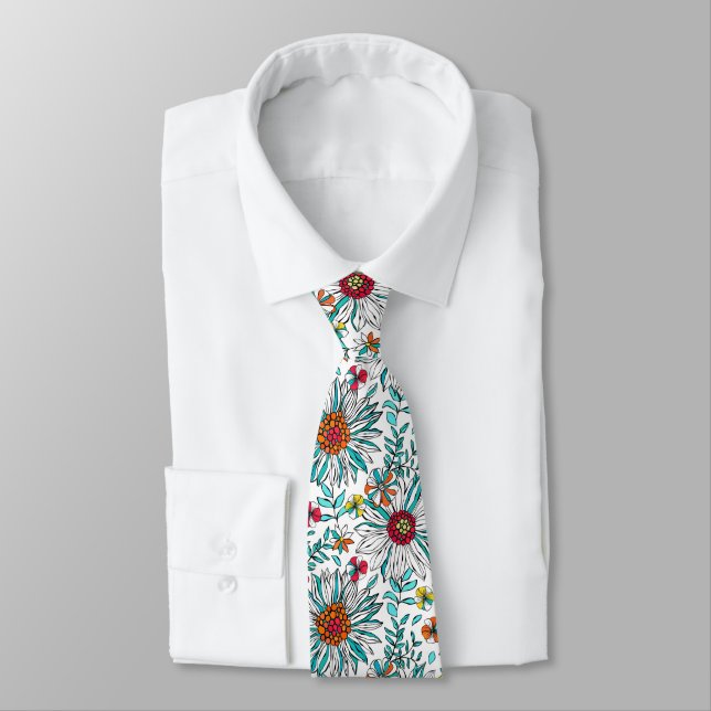 Vita Teal Gult Orange Röda Daisyn Flowers Mönster Slips (Bunden)