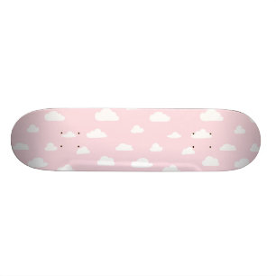Vita tecknade moln på rosa bakgrundsmönster skateboard bräda 19,5 cm