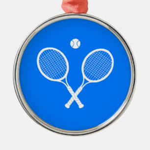 Vita tennisracketar och boll blå julgransprydnad metall